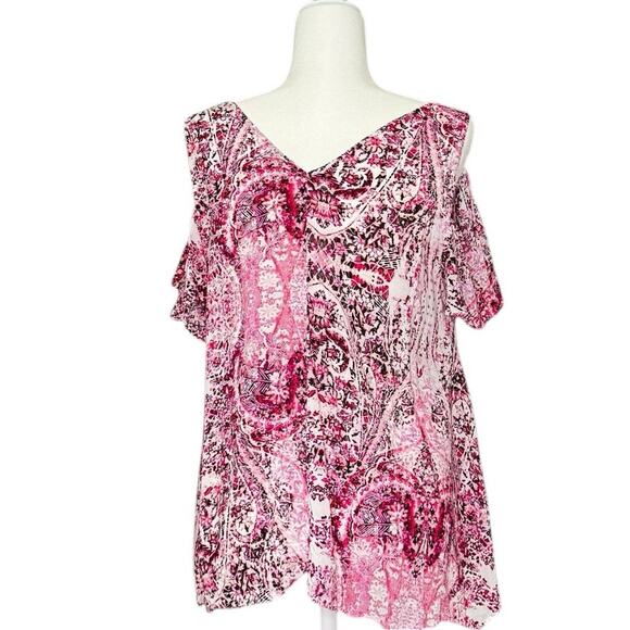 Ana Womens L Top Cold Shoulder Artsy Flowy Abstract Boho Festival Paisley Casual - Picture 1 of 6